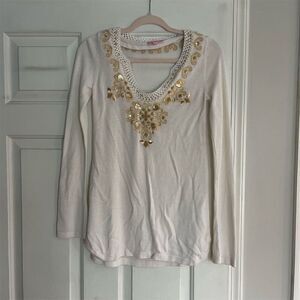 Lilly Pulitzer Women's XS White Tunic Sweater Gold Embellishments Casual